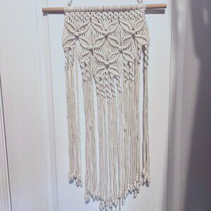 Macrame/Crocheted Wall Hanging-Ivory/Cream-Bohemian-Wood Dowel-Knots-Twist-Flow